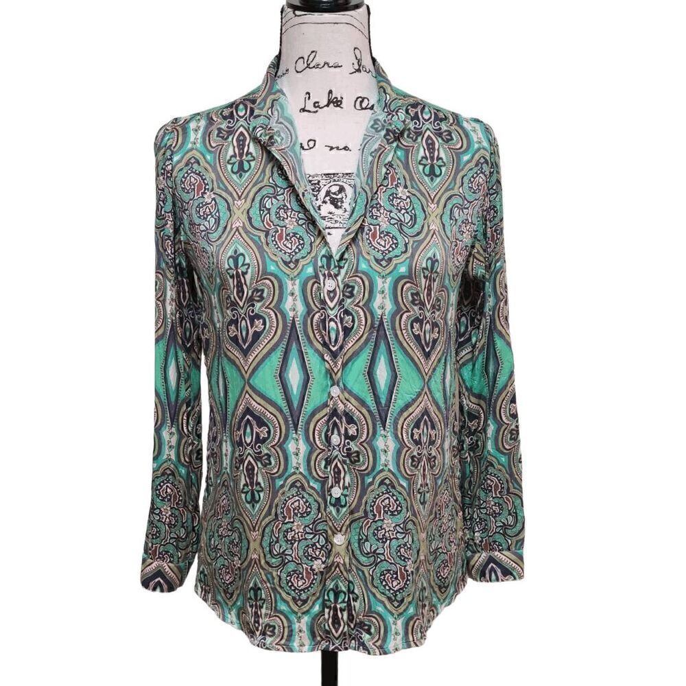 💚 CRAIG TAYLOR Women's Silk Button-down Paisley Print Green Shirt Blouse XS